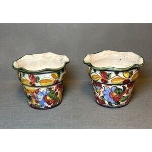 Vintage Italian Hand painted Pottery Planter Floral Etched Ceramic Flower Pot